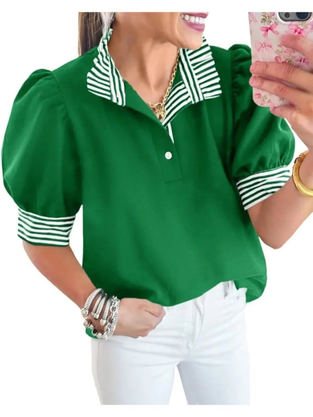 Women's Summer Puff Sleeve Blouse Green Ruffle V Neck Tops Color Block Striped